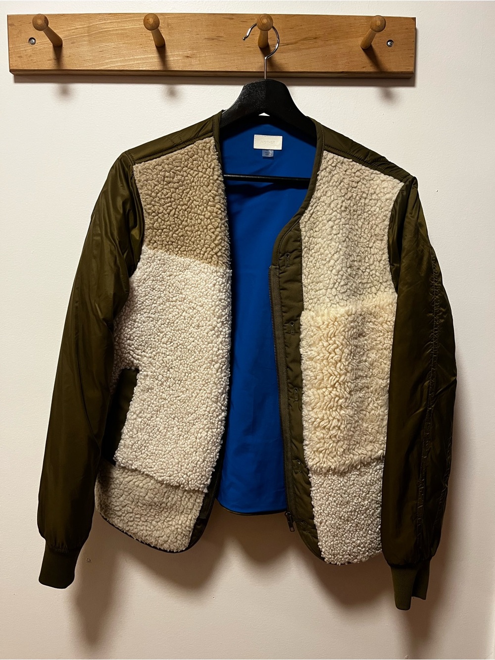 MOTHER Olive Green and Cream Sherpa-Front Bomber Jacket - Picture 2 of 5